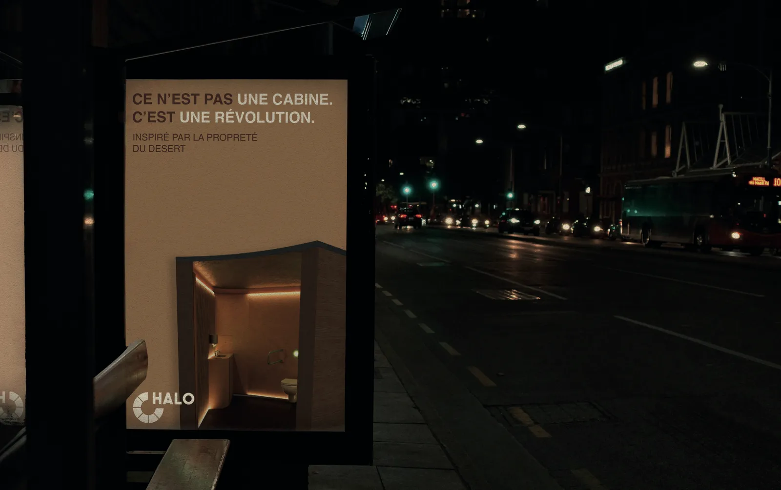 Campagne HALO — abribus nocturne « Ce n'est pas une cabine. C'est une révolution. »